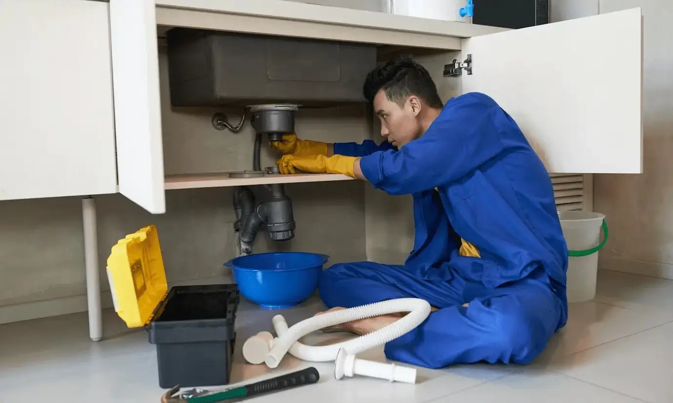 Gasfitero con guantes revisando el desagüe bajo un lavadero, con un balde y su caja de herramientas en el piso